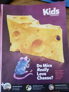 Front cover of Kids Answer magazine showing a mouse with cheese, captioned 'Do Mice Really Love Cheese?'