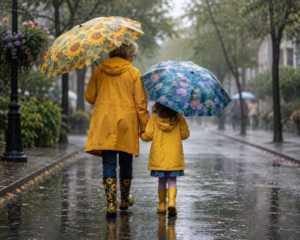 An older woman, with a yellow raincoat and a sunflower umbrella, is walking with a young girl with a lily pad-decorated umbrella. 